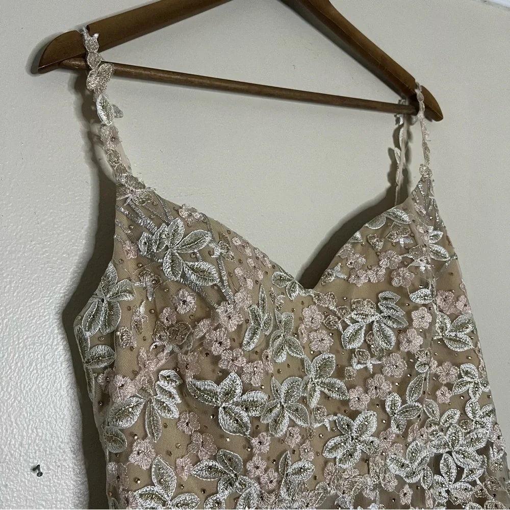 Mac Duggal Cream Floral Lace 12 Beige Embroidered Tulle Trumpet Gown Nude - Picture 7 of 13